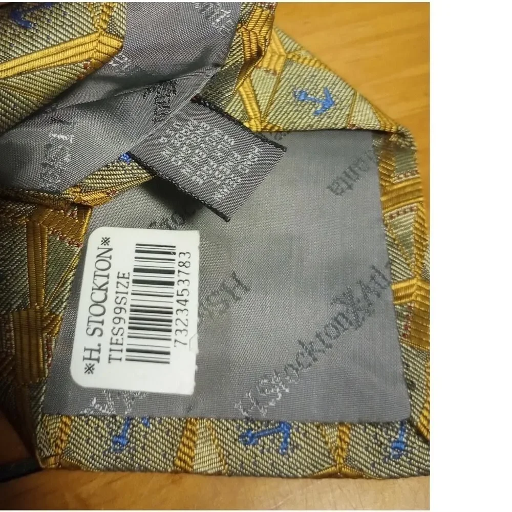 H. Stockton Atlanta NEW Neck Tie Silk Face‎ Gold and Blue Anchor Print